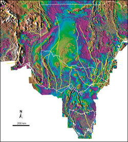 Magnetic image of southeastern Australia showing different colours to represent each tectonic section of the land.