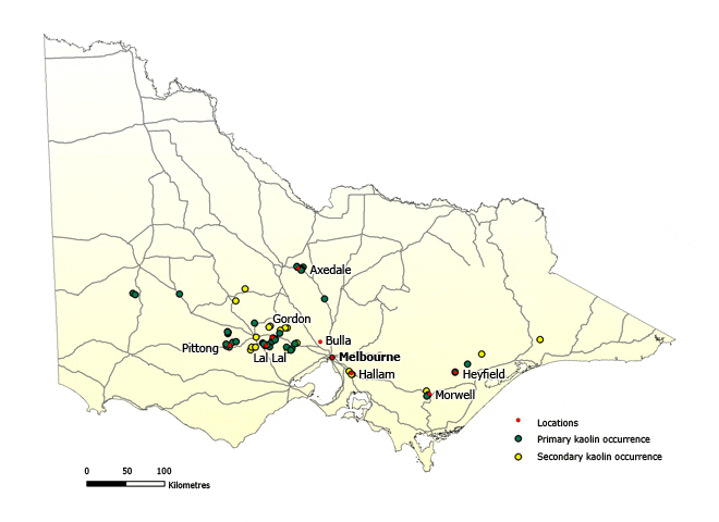 Map of Victoria showing approximately thirty primary kaolin occurrences. They are located around Pittong, Lal Lal, Gordon, Axedale, Morwell and Heyfield. There are approximately fifteen secondary occurrences in these areas as well.