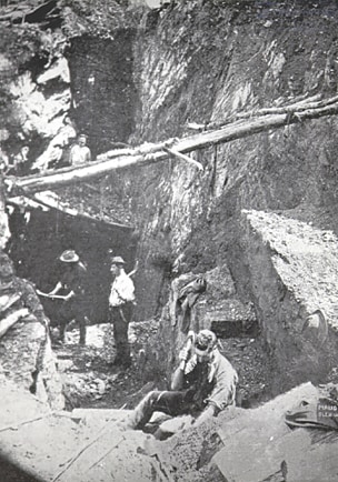 Miners working in an open cut shaft on the Maude and Homeward Bound Lease at Glen Wills, 1899. The Glen Wills goldfields in the High Country north of Omeo were opened up in the 1890s.