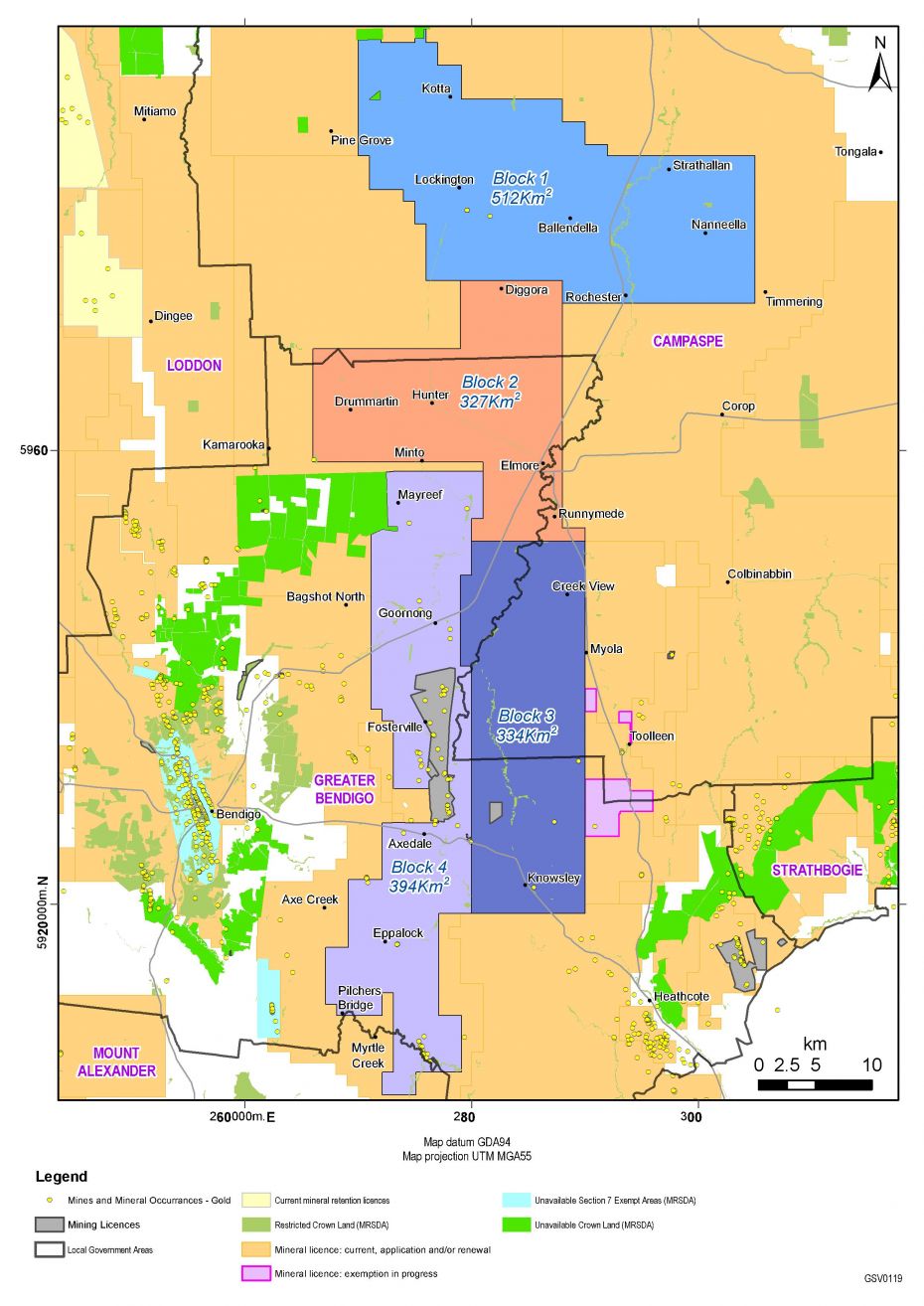 Map North Central Victoria showing the four blocks offered for minerals exploration; block 1 at the top of the North Central Victoria is 512km2, Block 2 in the middle of North Central Victoria is 327 km2, Block 3 is 334km2 and Block 4 which is long and thin, stretches from mid to North Central Victoria to the bottom near Myrtle Creek is 394km2.