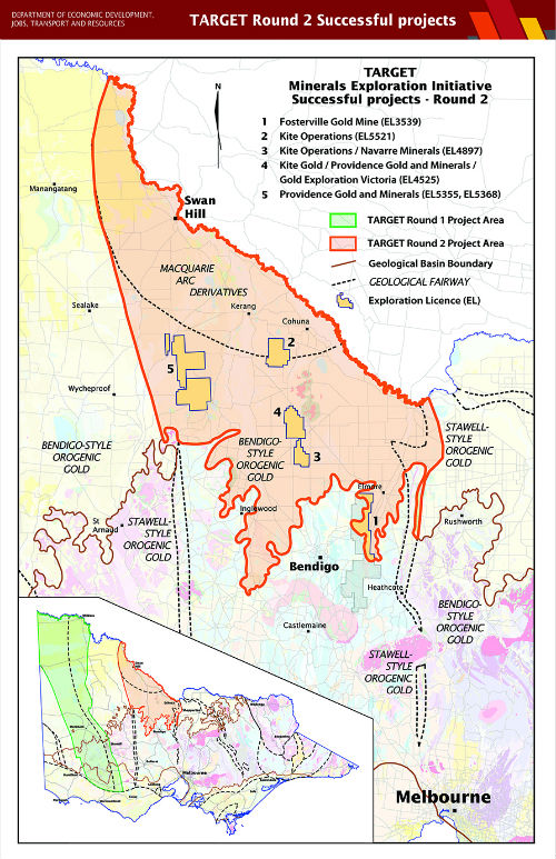 This is a map of Victoria showing the project area for the TARGET Minerals Exploration Initiative Round 2. The project area is known as the northern Bendigo geological province and is considered prospective for gold. The province is located in northern Victoria and is shown in orange on the map. It extends from north of Bendigo to the New South Wales border, east to just past Echuca and west to about 50km northwest of Swan Hill. The colours on the map represent different rock types. The dashed lines indicate geological areas as identified by the Geological Survey of Victoria. The brown line represents the geological basin boundary. The yellow boxes within the Target Round 2 Project Area are the existing exploration licence areas of each of the successful projects. These boxes are numbered from 1 to 5. Box 1 is Fosterville Gold Mine (exploration licence: EL3539), this area is approximately 20 kilometres east of Bendigo, the licence area only overlaps about one third with the Bendigo geological province to its north. Box 2 is Kite Operations (Exploration licence: EL5521) and is in the central northern area of the Bendigo geological province, approximately 100 kilometres north of Bendigo. Box 3 is Kite Operations / Navarre Minerals (Exploration Licence: EL4897) and is in the central southern area of the Bendigo geological province, approximately 50 kilometres north of Bendigo. Box 4 is Kite Gold / Providence Gold and Minerals / Gold Exploration Victoria (Exploration licence: EL4525) and is directly above and abutting Box 3, in the central Bendigo geological province, approximately 65 kilometres north of Bendigo. Box 5 is Providence Gold and Minerals (exploration licences: EL5355 and EL5368) which is in the central western area or the Bendigo Geological province, approximately 100 kilometres northwest of Bendigo. The inset map shows the location of the Round 2 project area alongside the Round 1 Project area which is shown in red. The Round 1 project area is known as the Stavely geological province and is considered prospective for base metals and gold. The province is located in western Victoria and is shown in red on the map. It extends from north west Victoria, bordering New South Wales and South Australia, south to the southernmost extent of the province located to the east of Hamilton and about 35km north of Warrnambool on the Victorian coast.