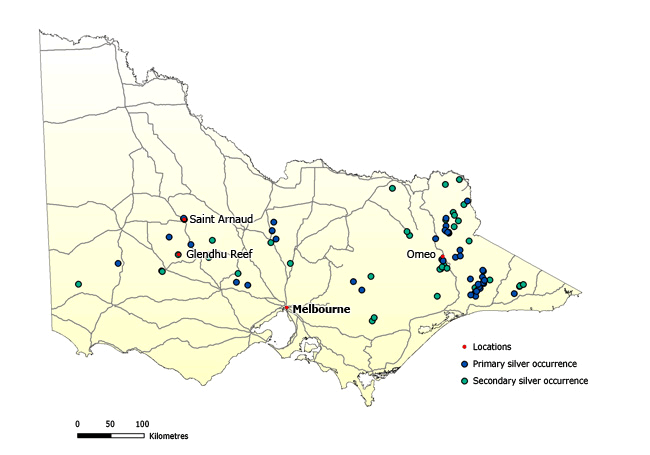 Map of Victoria showing primary and secondary silver occurrences mostly in the east of Victoria with some located to the north west of Melbourne.