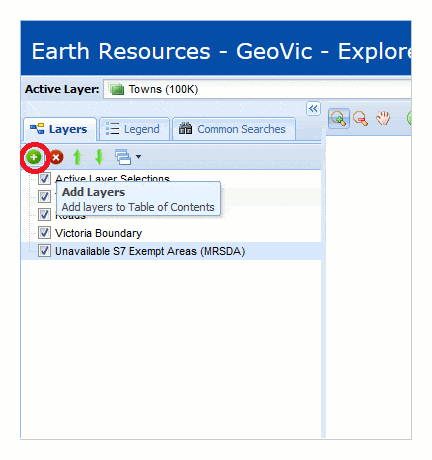 Screenshot of Geovic highlighting the location of the 'Add layers' button.