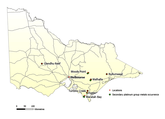 Map of Victoria showing secondary occurrences of platinum group metals. They mainly occur in the State's east.