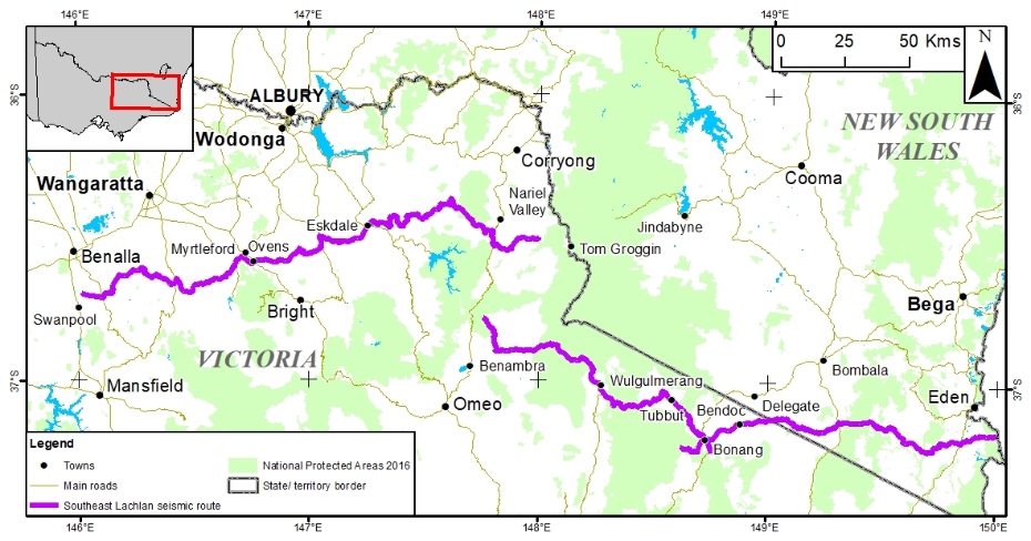 Map of Victoria showing the 3 survey route lines. Line number one travels from west to east between Wangaratta and Bright. Line 2 runs from west to east north of Omeo. Line 3 runs west to east over the border with New South Wales heading towards Eden.
