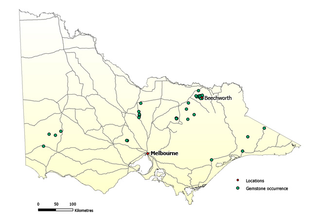 Map showing the occurrences of gemstones in Victoria