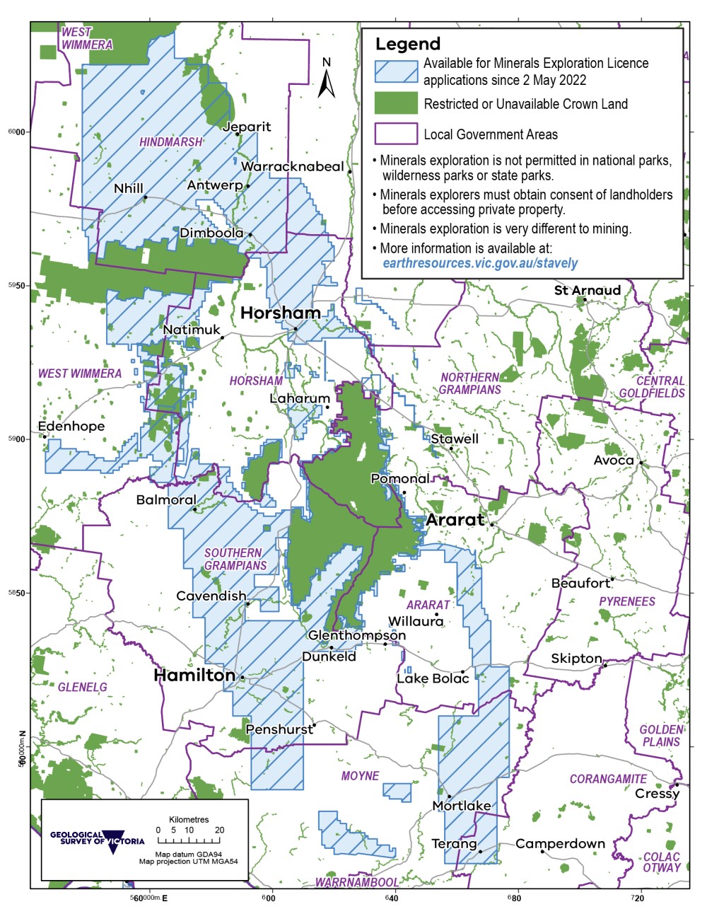 Map of the Stavely Project Area indicating towns, areas available for minerals exploration licence applications, local government areas, and restricted or unavailable crown lands