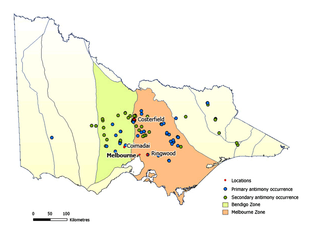 Map of Victoria showing primary antimony sources being to the north east of Melbourne. Secondary sources of antimony are in locations to the north of Melbourne.