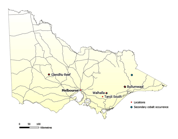 Map of Victoria showing occurrences of Cobalt mainly in the state's east.