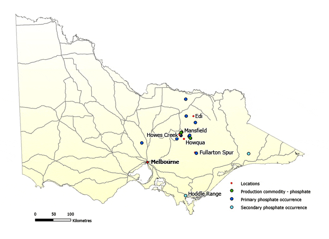Map of Victoria showing primary phosphate occurrences. There are about ten occurrences near Edi, Mansfield, Howqua and Fullarton Spur. There are a couple of secondary occurrences near Hoddle Range and in the state's east as well.