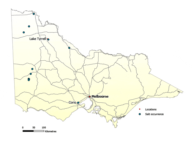 Map of Victoria showing seven occurrences of silica. There is an occurrence in Tallangallook and Lang Lang, two near Cranbourne and three occurrences to the west and north west of Melbourne.