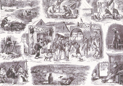 An illustration of Pegleg Gully, near Ballarat in 1854. It depicts people prospecting, the rush, desertion of the goldfields, fossicking, shepherding and a group of Aborigines.
