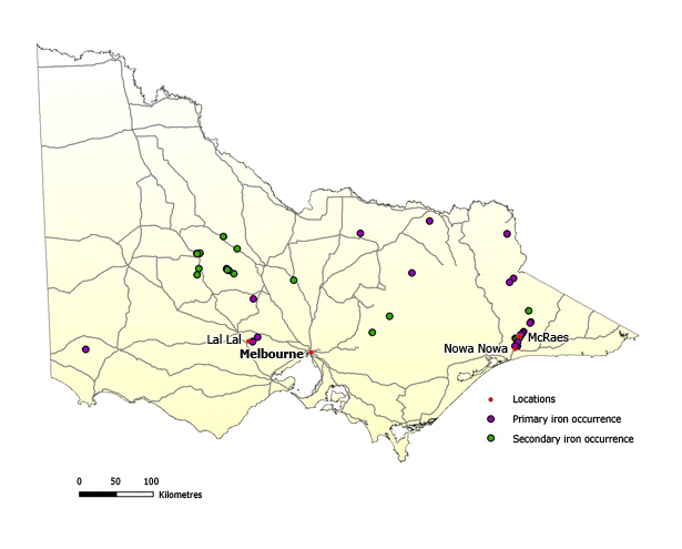 Map of Victoria showing primary occurrences of iron being in the state's east. Secondary iron occurrences are generally to the north and north west of Melbourne.
