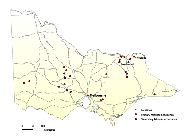 Map of Victoria showing and secondary primary feldspar occurrences. The occurrences are mainly in an area north west of Melbourne and in the north east of the state around Beechworth and Koetong.