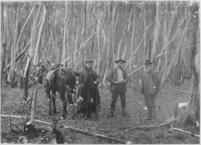 Black and white photo of three men standing in a wooded area with a horse and packs