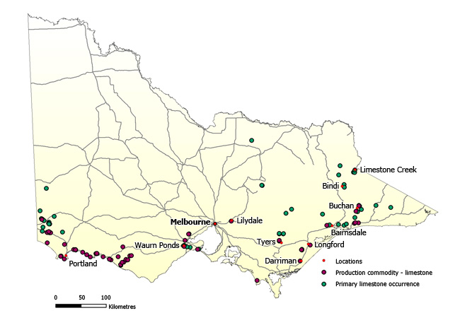 A map of Victoria showing locations of limestone deposits, including at Portland, Waurn Ponds, Lilydale, Tyers, Darriman, Longford, Bairnsdale, Buchan, Bindi and Limestone Creek