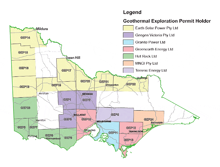 Map of Victoria showing geothermal exploration permit holders. The holders are Earth Solar Power, Geogen Victoria, Granite Power, Greenearth Energy, Hot Rock, MNGI, and Torrens Energy.