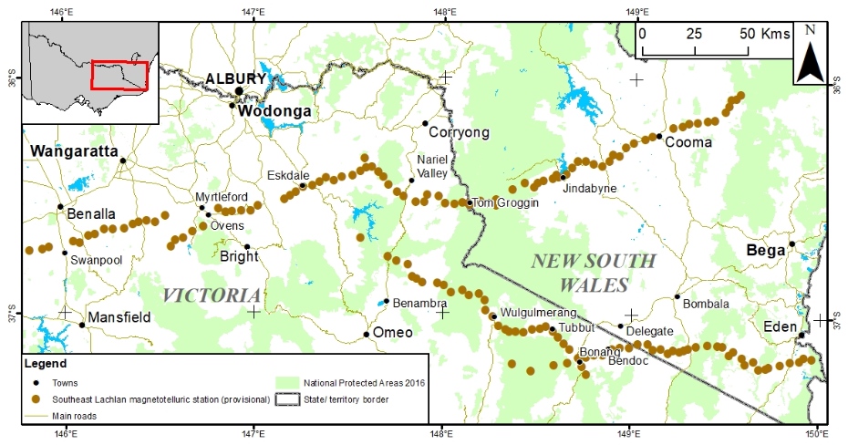 Map showing 95 pre-planned sites located approximately 4-6 km apart along the Southeast Lachlan Crustal Transect.  