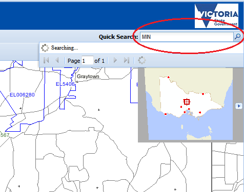 Screenshot of the Quick Search function in the top right of GeoVic