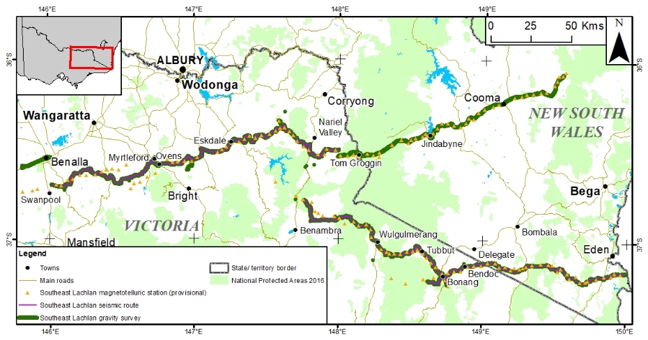 Map of eastern Victoria and southern New South Wales showing the locations of completed and planned surveys across the Southeast Lachlan Crustal Transect