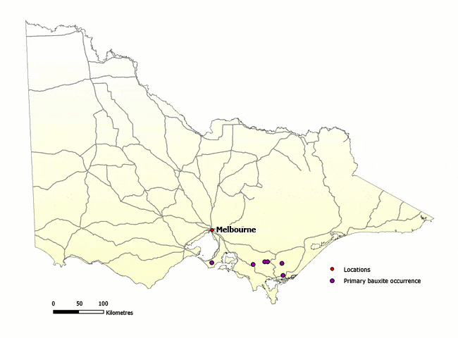 Map of Victoria showing six primary bauxite occurrences which are to the south and south west of Melbourne.