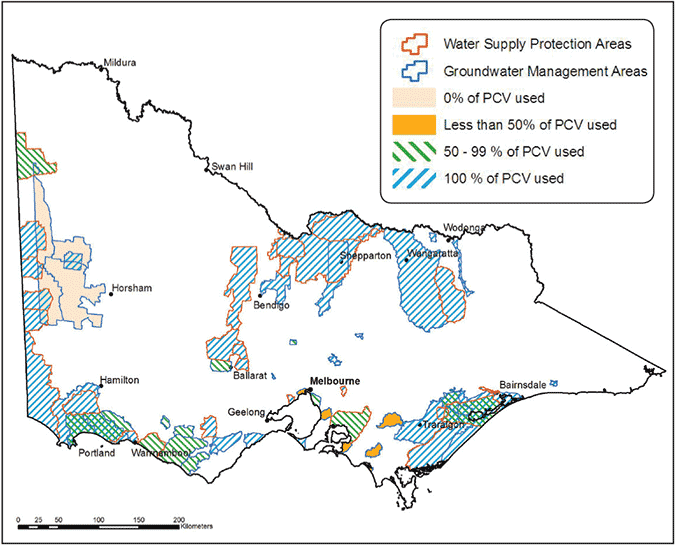Map showing water supply areas, groundwater management areas, and percentage of Permissible Consumptive Volumes used across the State of Victoria