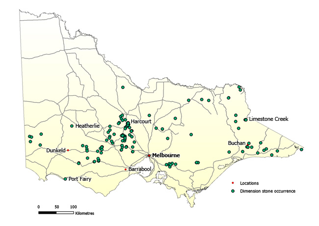 Map showing occurrences of dimension stone in Victoria