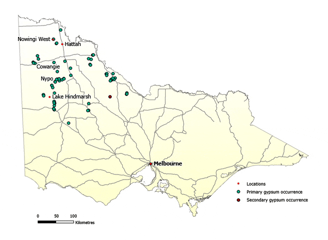 Map of Victoria showing approximately forty primary gymsum occurrences in the state's far north west near Lake Hindmarsh, Nypo, Cowangie, Nowingi West and Hattah. There are a couple of secondary occurences in this area as well.