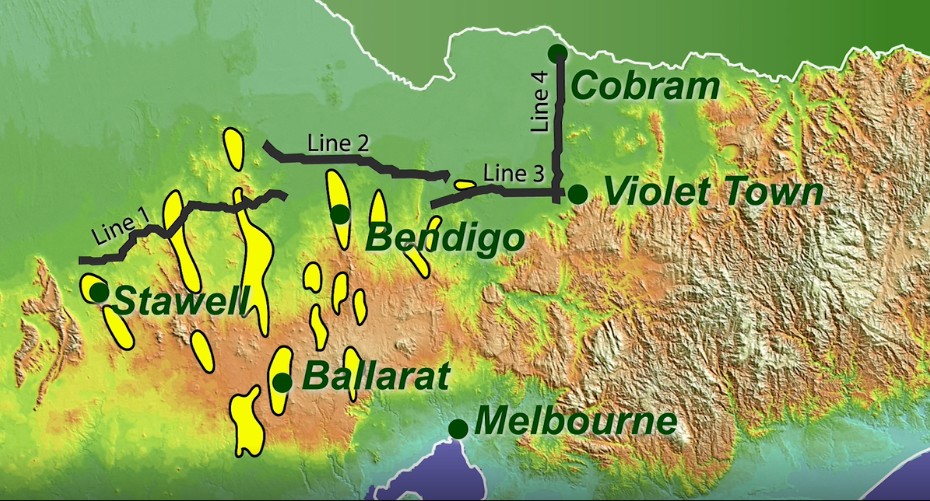 Image of Central Victoria deep 2D seismic transect completed significant goldfields are around Stawell, Ballarat and Bendigo.