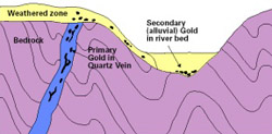 Cross section of earth showing a quartz deposit with gold deposits in it as well as alluvial gold stored in the weathered zone above the bedrock