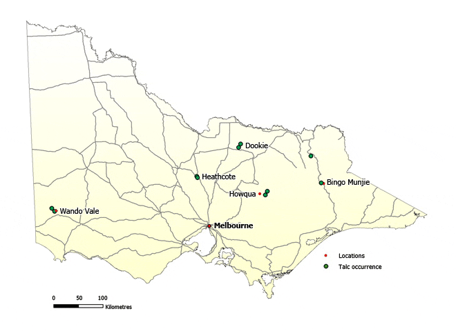 Map of Victoria showing talc occurrences near Wando Vale, Heathcote, Howqua, Dookie and Bingo Munjie.
