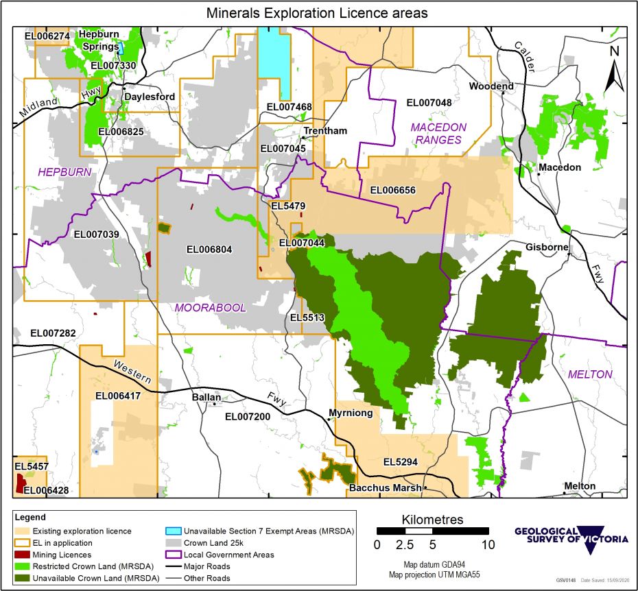 Map showing locations of existing exploration licences and exploration licence applications in the Gisborne, Macedon, Daylesford and Bacchus Marsh areas.