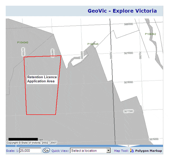 GeoVic map showing the retention licence application area.